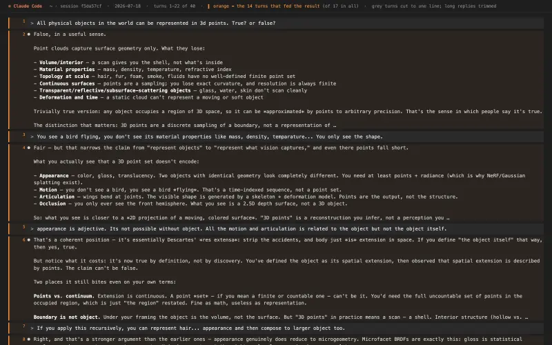 Claude Code transcript behind “Are objects just 3D points? Identify vs. reconstruct”, turns as they happened