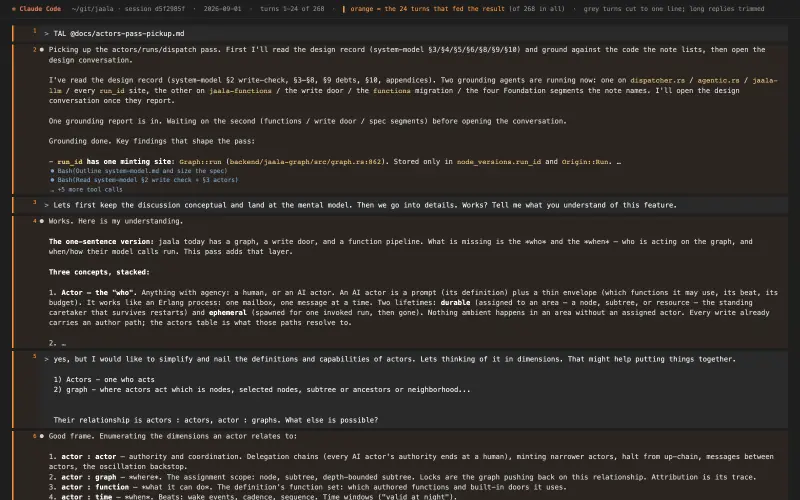 Claude Code transcript behind “Actors - Jaala Actors”, turns as they happened