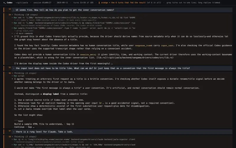 Codex transcript behind “Codex Conversation Title Derivation”, turns as they happened