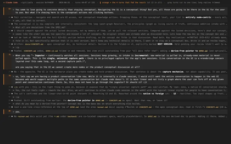 Claude Code transcript behind “A conversation is a lens on the graph, not a container”, turns as they happened