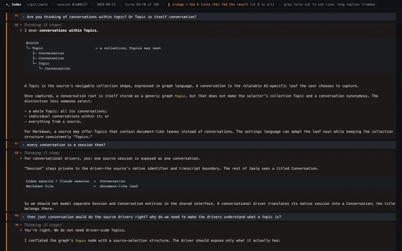 Codex transcript behind “Conversation Replaces Driver-Side Topics”, turns as they happened