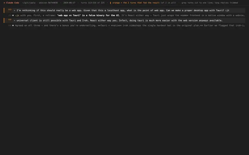 Claude Code transcript behind “Native desktop shell (Tauri) instead of a browser web app”, turns as they happened