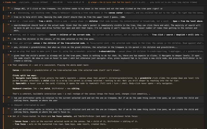 Claude Code transcript behind “Drill-navigation canvas”, turns as they happened