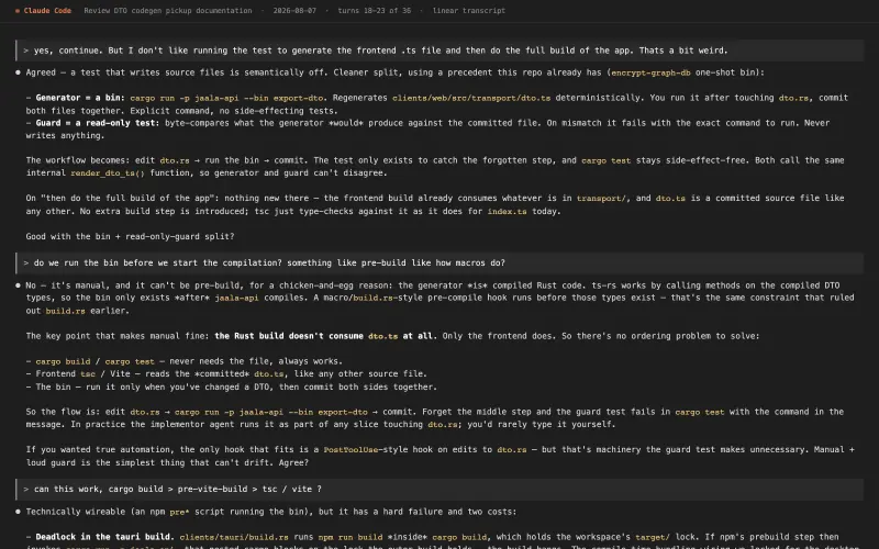 Claude Code transcript behind “Whether to run the export-dto bin before or during builds”, turns as they happened