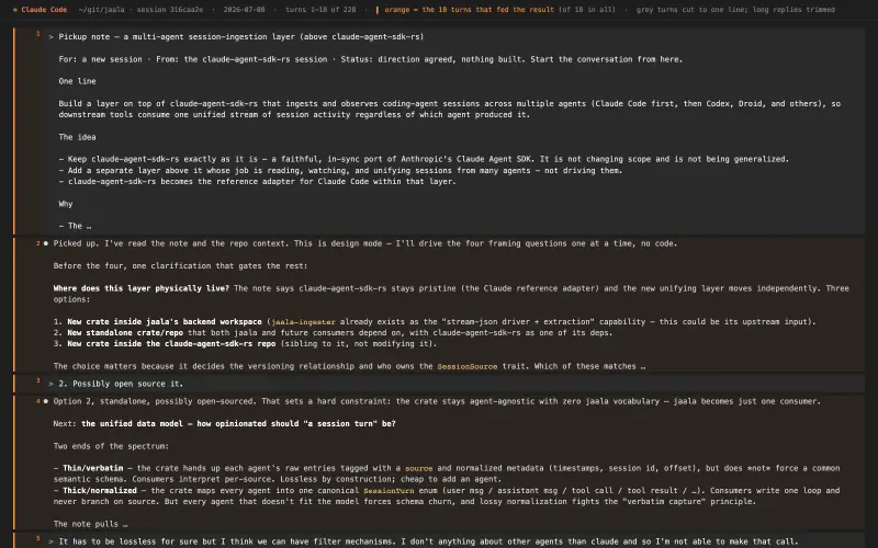 Claude Code transcript behind “Session-ingestion layer scoping”, turns as they happened