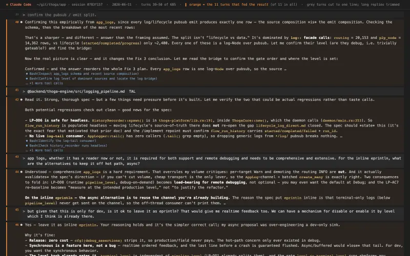 Claude Code transcript behind “Logging pipeline: cheap transport, not less logging (thoga)”, turns as they happened