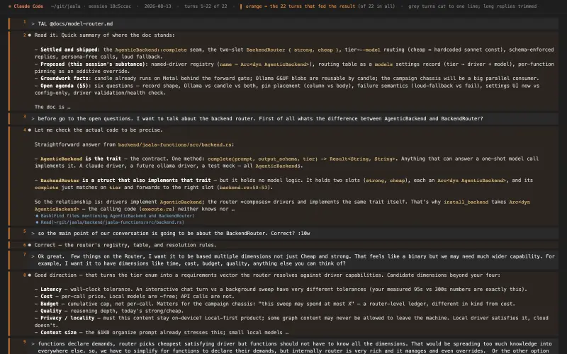 Claude Code transcript behind “Model Router”, turns as they happened