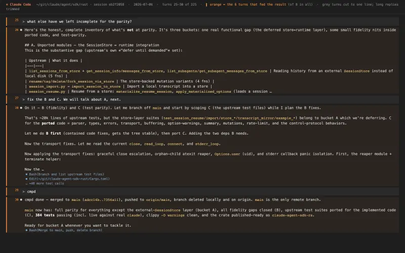 Claude Code transcript behind “Parity gap review and B/C fixes (claude-agent-sdk-rust)”, turns as they happened