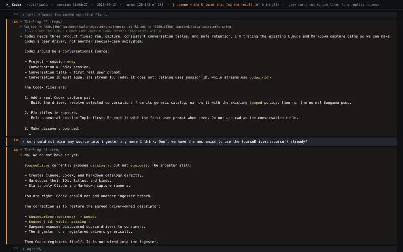 Codex transcript behind “In-Memory Source Registry Implementation”, turns as they happened