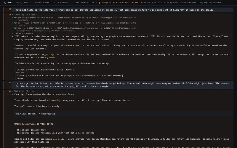 Codex transcript behind “Title Interface for SourceDriver Trait”, turns as they happened