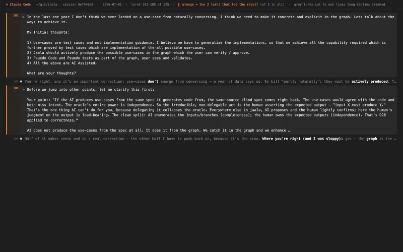 Claude Code transcript behind “Use-cases as an independent test oracle in the graph”, turns as they happened